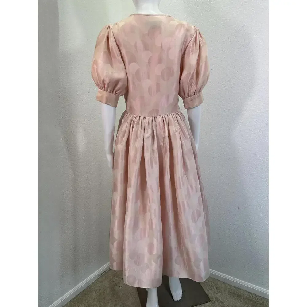 Vtg 1950s Michael Novarese Pink Satin Party Dress Puff Sleeves Couture Designer